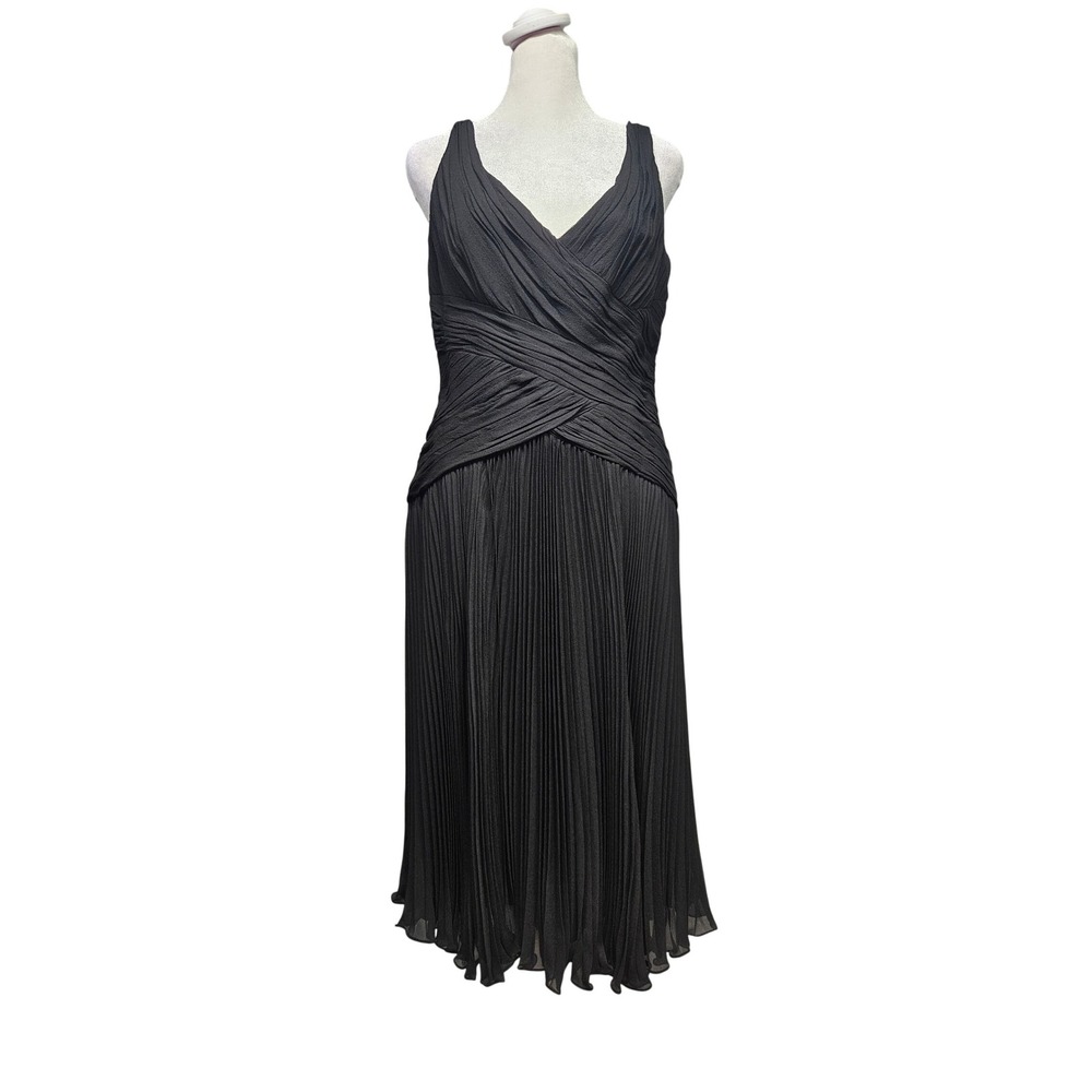 Jones New York Dress Black 100% Silk Ruched Pleated Midi Cocktail Dress Size 8